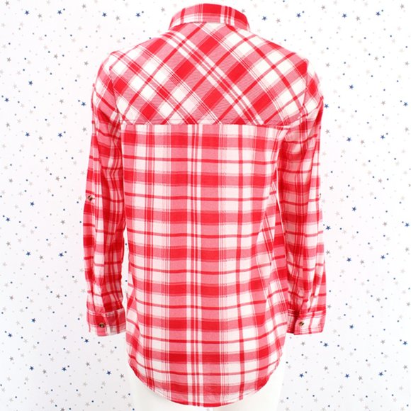 Knit Plaid Button Up Shirt Hi Lo Hem Red Off White - Picture 7 of 8